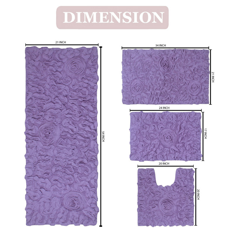 Freida Floral Rectangular 100% Cotton Solid Bath Rugs & Contour Mat (Set of 4), Purple