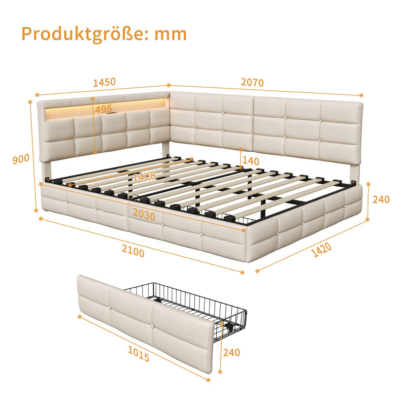 Upholstered Daybed with Drawer Storage, European Double (140 x 200 cm), Beige