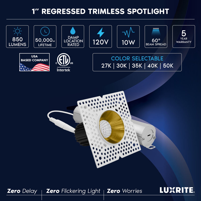 LUXRITE 1-Inch LED Trimless Recessed Spotlight W/ Brass Reflector Trim Replacement 10W, 850LM, 5CCT, 60° Beam Angle, Dimmable, CRI90, White + Brass