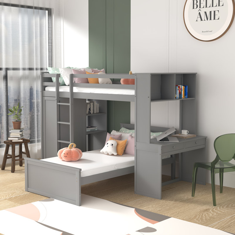 Florestan Twin over Twin 2 Drawer L-Shaped Bunk Beds with Built-in-Desk by Harriet Bee, Gray