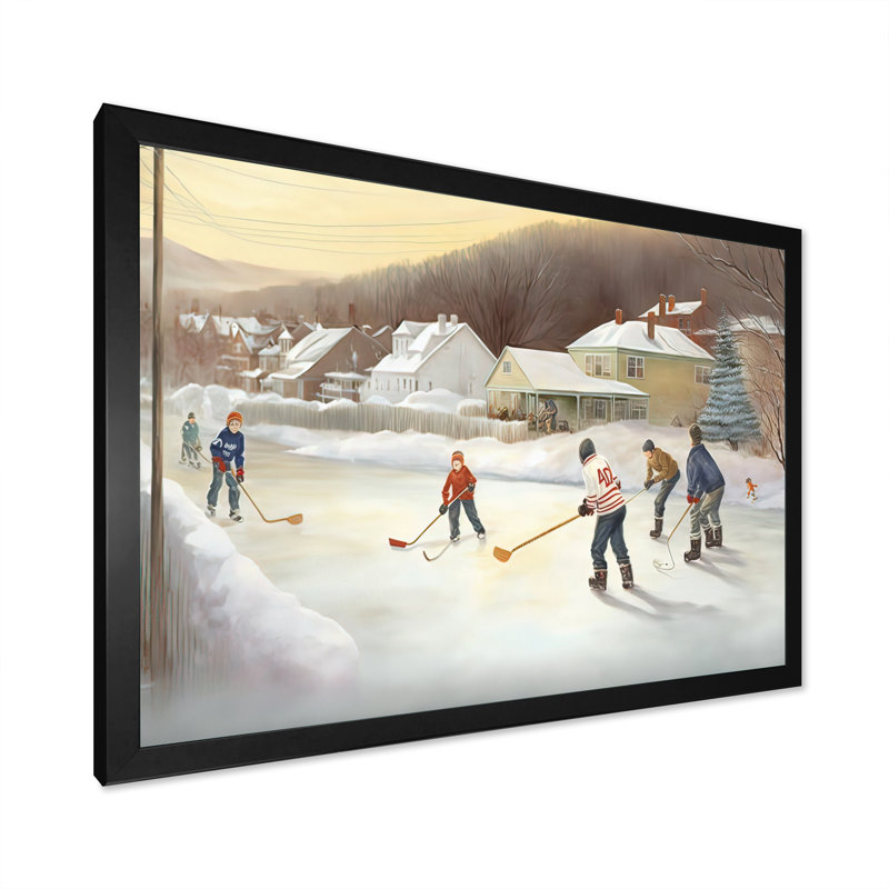 Enfants jouant au hockey en hiver IV - art mural de hockey sportif pour le salon, Impression noire sur toile encadrée
