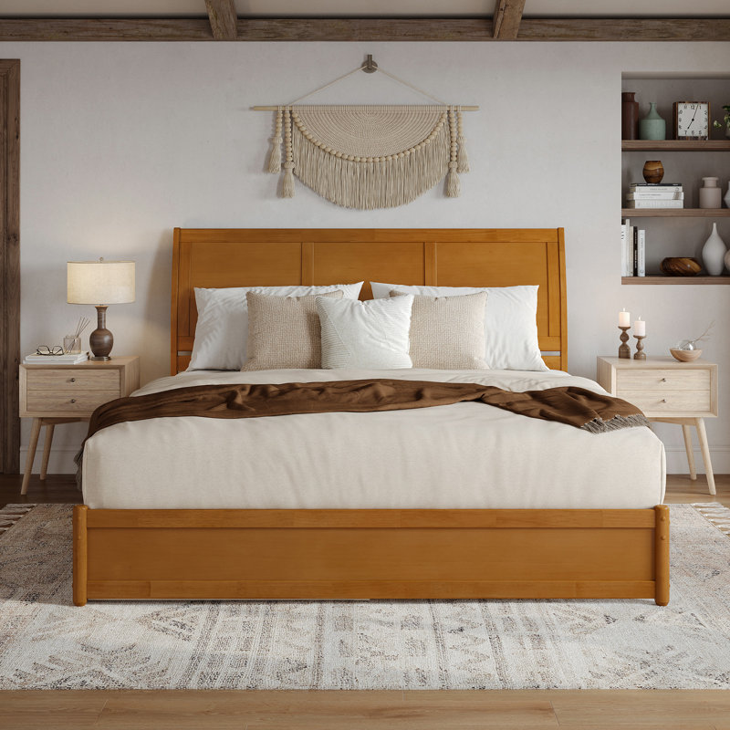 Lamayia Solid Wood Sleigh Platform Bed with Footboard and Storage Drawers, Light Toffee, King