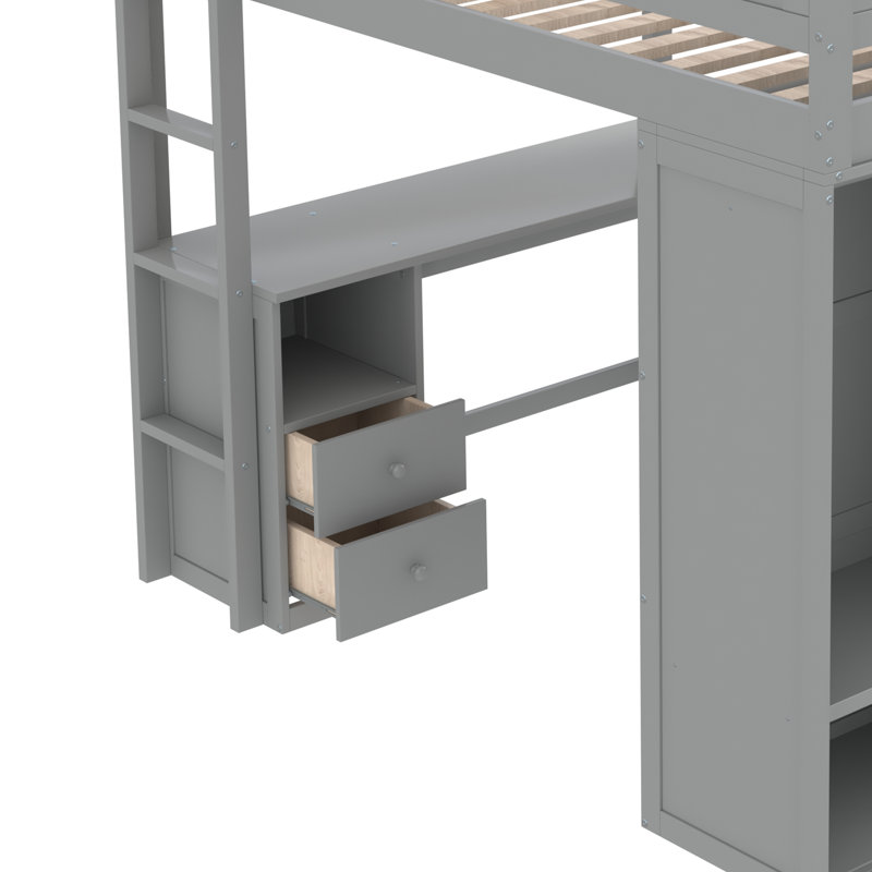 Lit mezzanine double avec tiroirs Hason Kids, gris