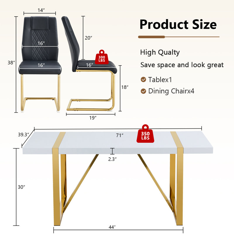 Neithen 8 - Person Dining Set, Modern Rectangular Dining Table Set with 8 Luxury Faux Leather Dining Chairs, Gold, Black/Gold