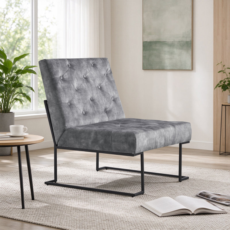 Klara 29.33" Wide Tufted Velvet Slipper Chair with Metal Sled Base, Gray Velvet, Black