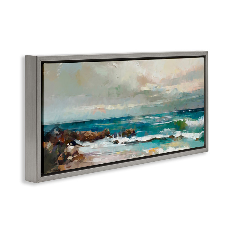 Rocky Ocean Waves, Cadre flottant gris lustré, H 14 po x l 31 po