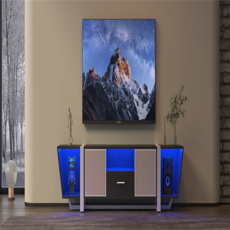 TV Console With Large Storage Cabinets, Biplane Shape Design LED TV Stand With Remote Control, Multiple Modes Changing Lights Modern Entertainment Centre With Power Cord