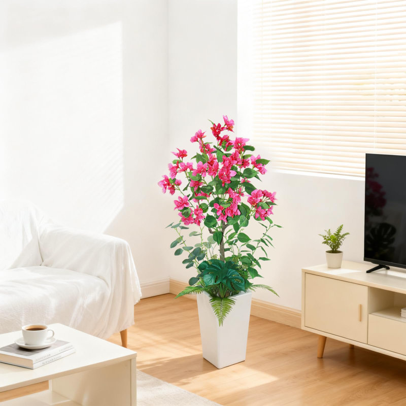 Paquet de 2 arbres de bougainvilliers artificiels de 4 pi avec fleurs, plantes topiaires en pot