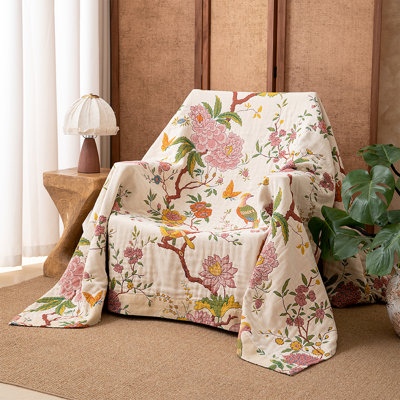 Cotton Reversible Throw Blanket Soft Breathable Woven Quilt With Floral & Botanical Bird For Couch, Sofa & Bed