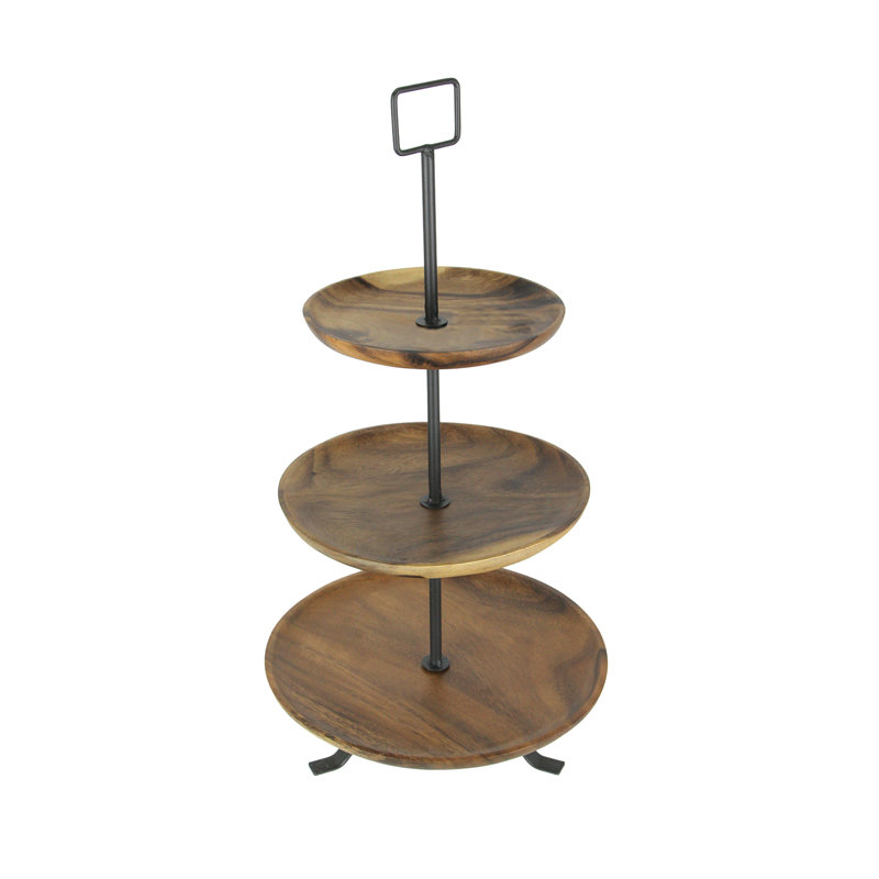 Rustic Round Wood Standing 3 Tiered Serving Tray
