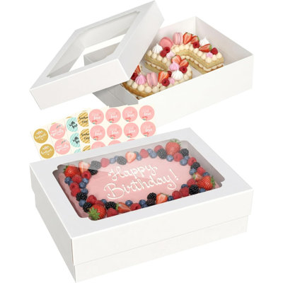 20pcs 14x10x4 inch Quarter Sheet Cake Boxes, White Large Rectangle Bakery Boxes with Window for Pastry, Donuts, Cupcakes, Pie, Cookies, Treat Packaging, Cajas para Pasteles with 80 Stickers