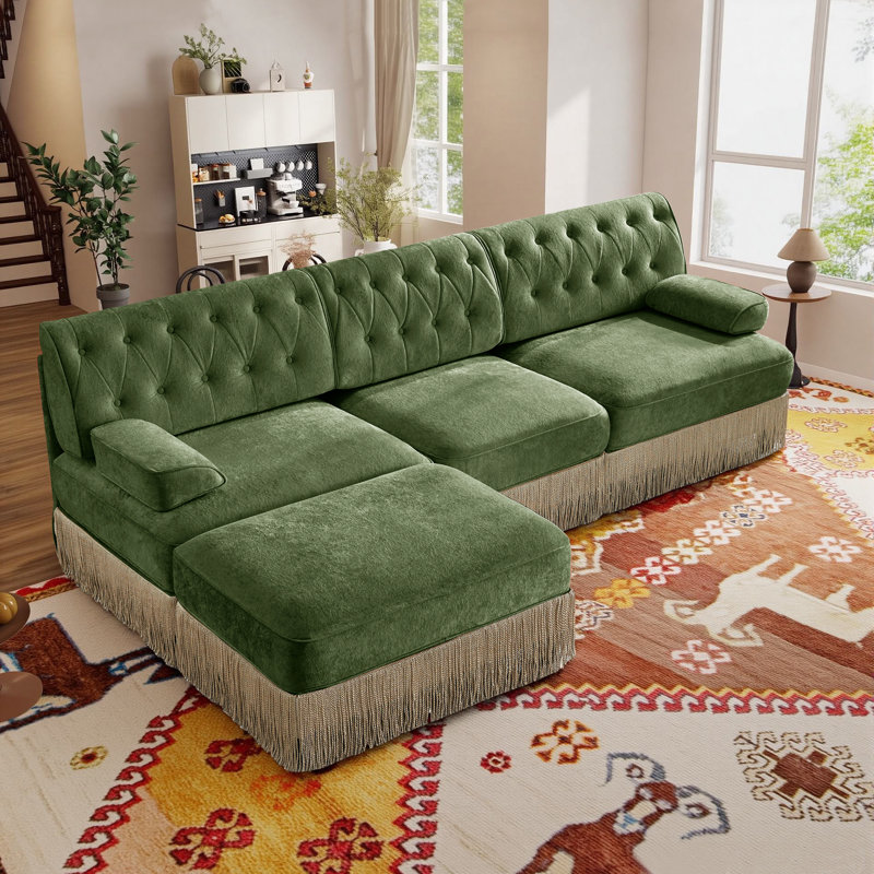 106-Inch 3-Seater Velvet Upholstered Sofa With Ottoman, Suitable For Living Rooms, Conference Rooms, And Bedrooms., Green