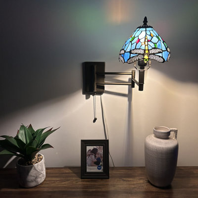 Tiffany Sconce Lamp Swing Arm Stained Glass Dragonfly Pull Chain Switch 13”W*8”D*15”H