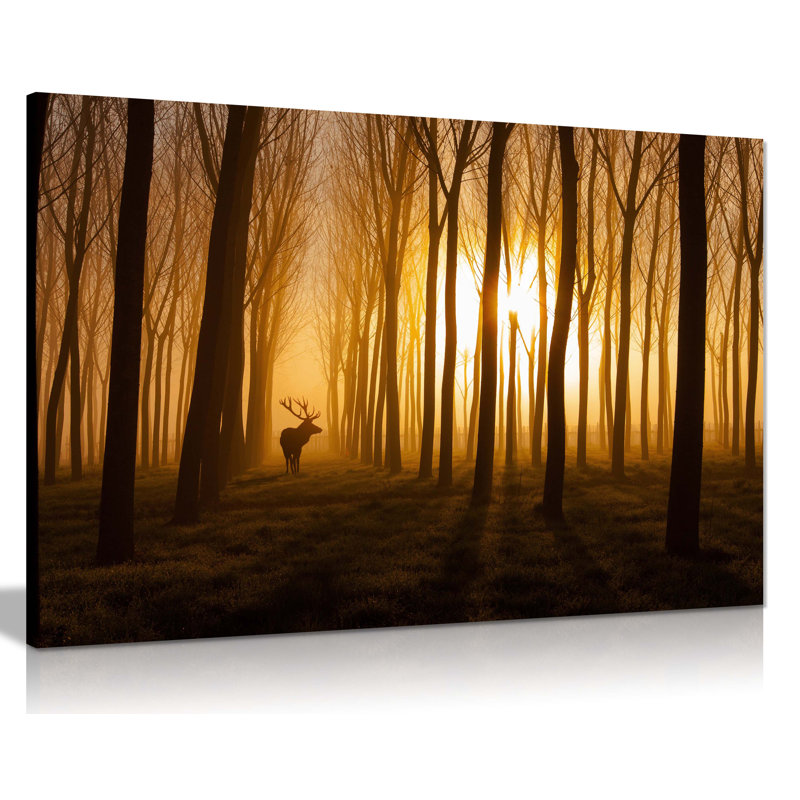 Deer in Golden Forest Wildlife 1 Piece Wrapped Canvas Wall Art, 61cm H x 91cm W