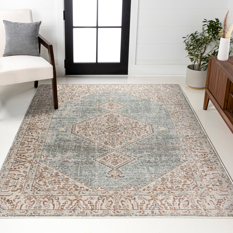 Tapis bleu clair / ivoire Mordecai, Rectangle 5 pi 3 po x 7 pi 7 po