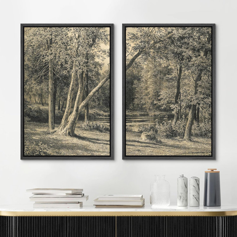Forest Trees Landscape Framed On Canvas 2 Pieces Print, 36" H x 48" W x 1.5" D, Black