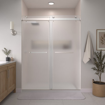 Catalyst 56"- 61" W x 76" H Double Sliding Frameless Shower Door In Brushed Nickel with 3/8"Acid Etched Glass