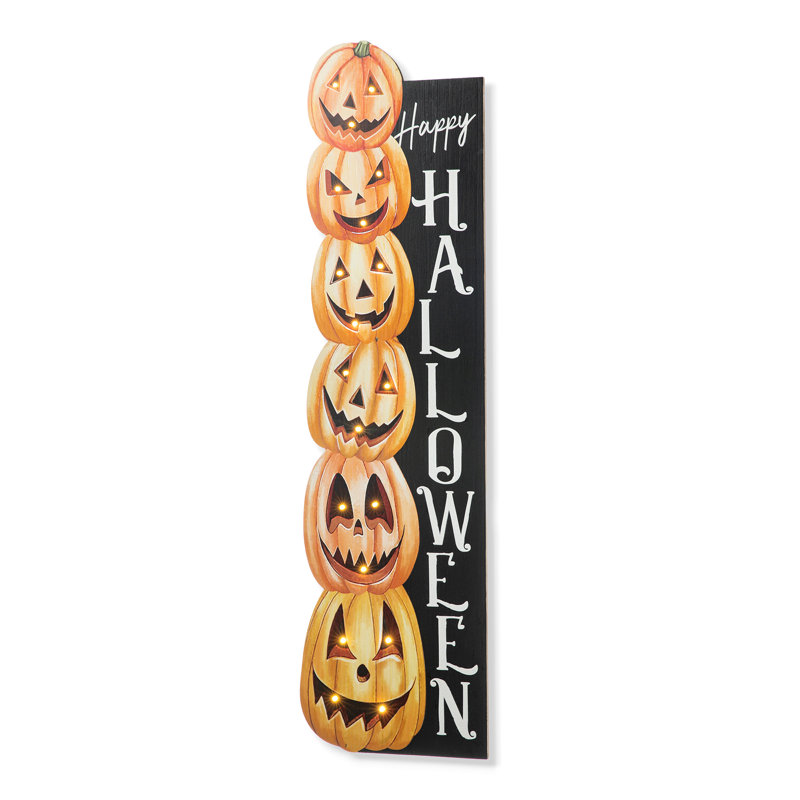 42"H Lighted Halloween Wooden Stacked Pumpkins Porch Sign With Timer