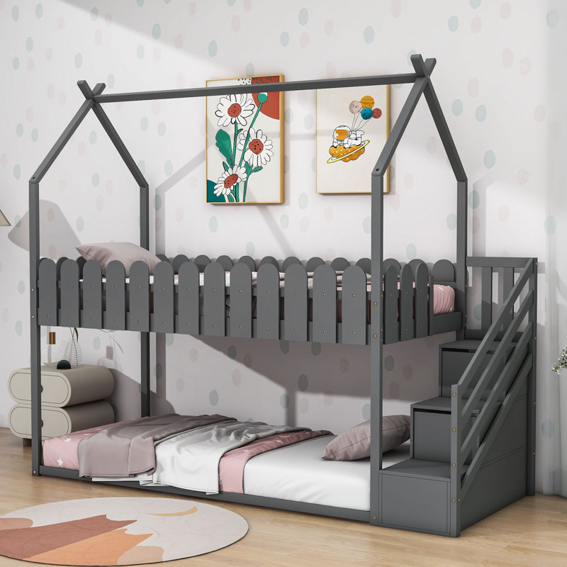 Antranig European Single (90 x 200 cm) 2 Drawer House Bunk Bed, Grey
