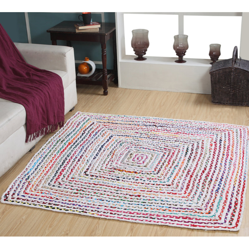 Square Siyeh Striped Cotton Hand Woven Area Rug, Square 120cm