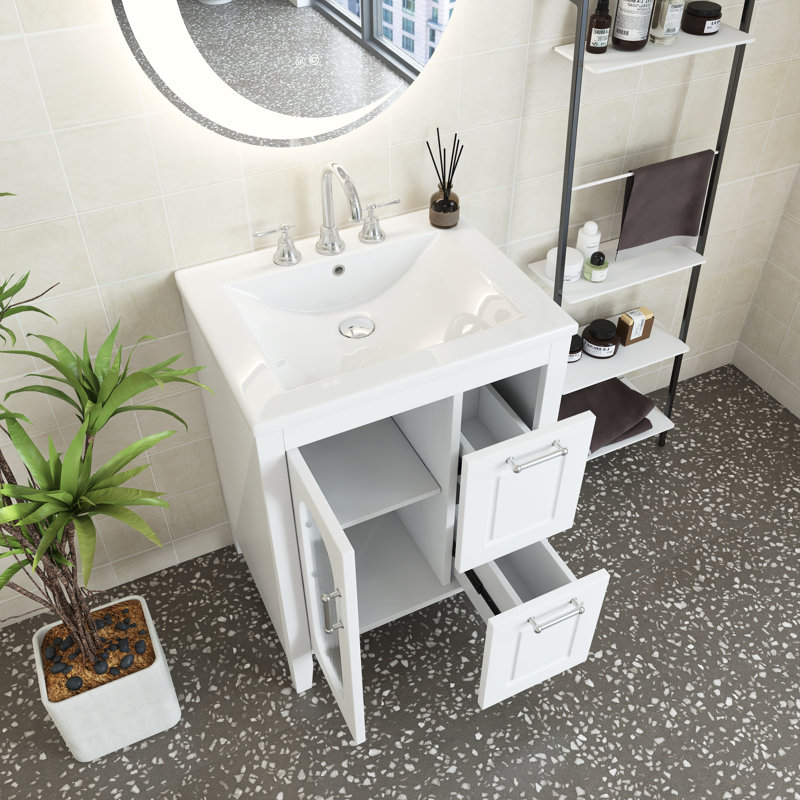 Ensemble de meuble-lavabo simple 24 po avec plateau en céramique Jermia, Blanc