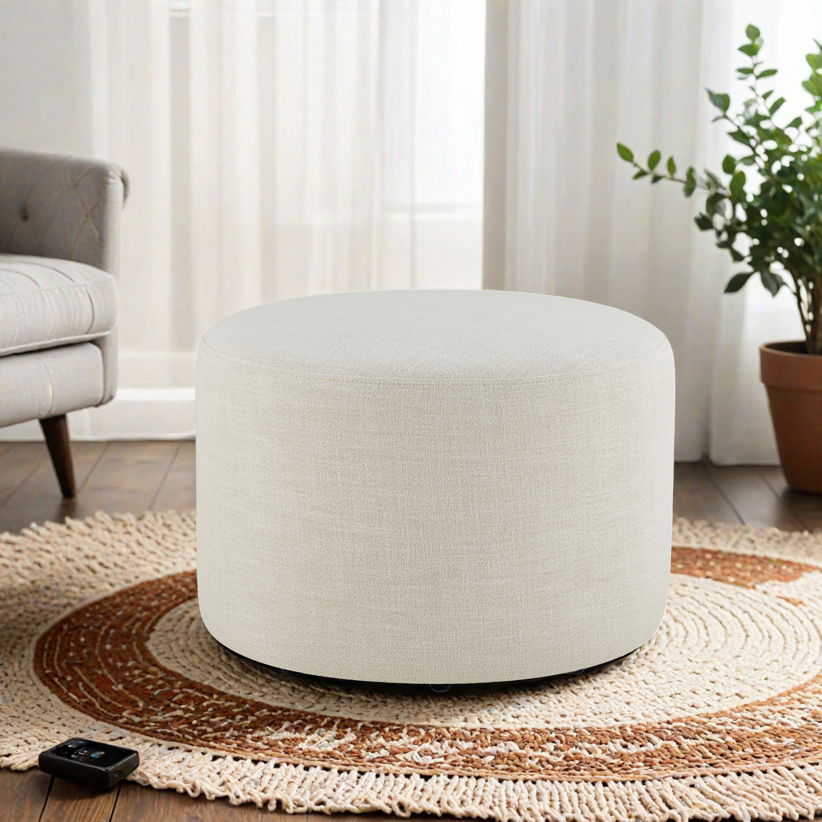 Danva 24" Genuine Leather Ottoman, Effie Linen Performance Linen