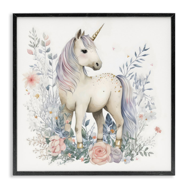 Unicorn in Delicate Floral Forest Framed Giclee, design by Creative Studio, Midnight Black Framed Giclee, 24" H x 24" W
