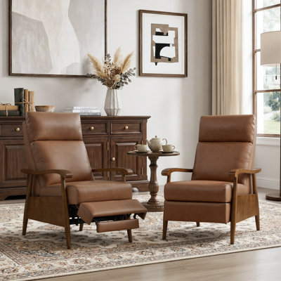 Genuine Top Grain Leather Push Back Recliner, Solid Walnut Wood Arm Mid-Century Modern High Back Manual Recliner, 3 Position Adjustable Lounge Chair for Small Space Living Room, Bedroom & Reading Nook(Set of 2)