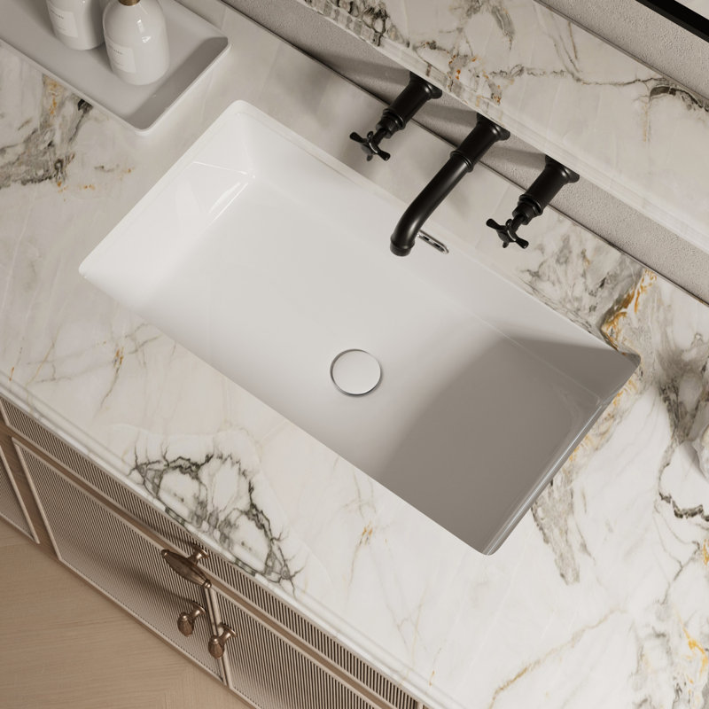 Los Flexi 28" x 16" Ceramic Undermount Bathroom Sink, Modern Rectangular Vanity Sink with Overflow