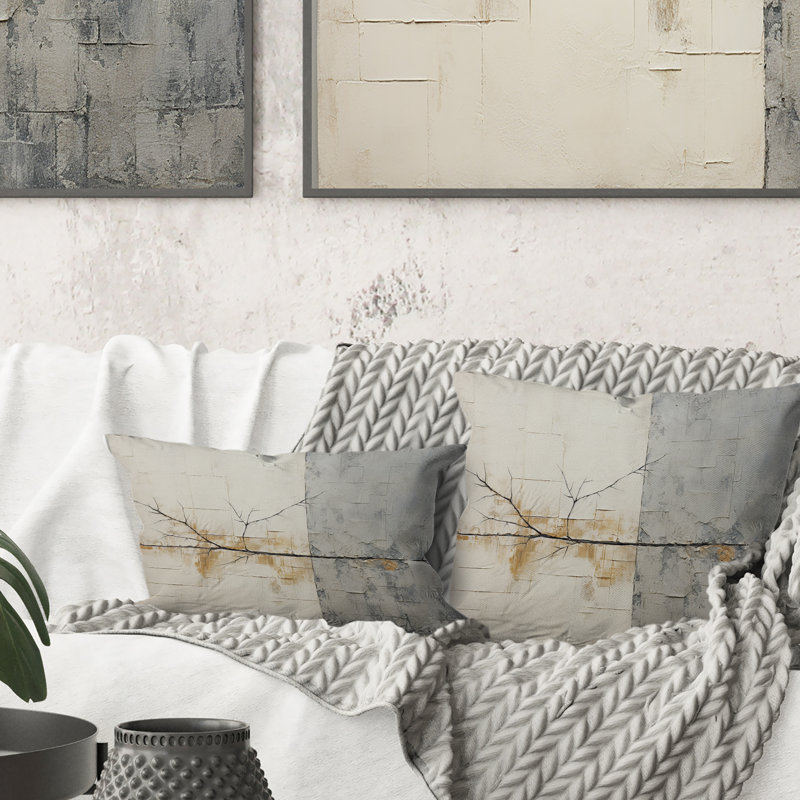 Grey And White Nature Split - Abstract Shapes Printed Throw Pillow