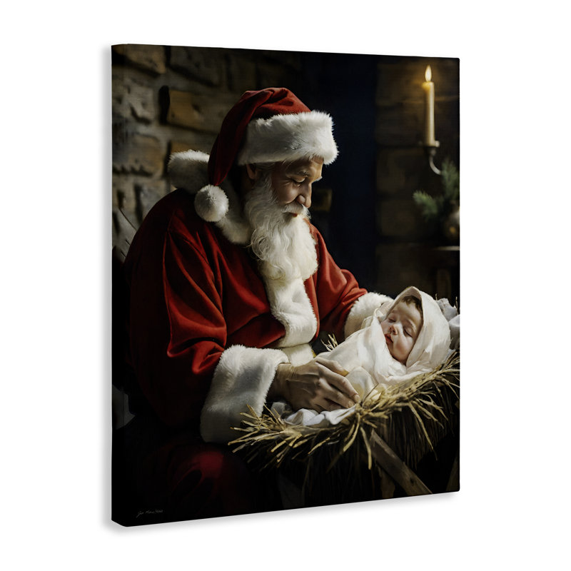 Père Noël et bébé Jésus, toile de Jo Moulton, H 20 po x l 16 po