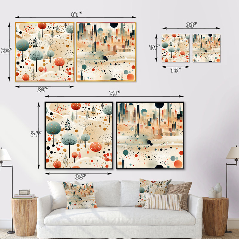 Jason - Ensemble de 2 collage de paysages abstraits carrés, Cadre flottant doré, H 30 po x l 61 po