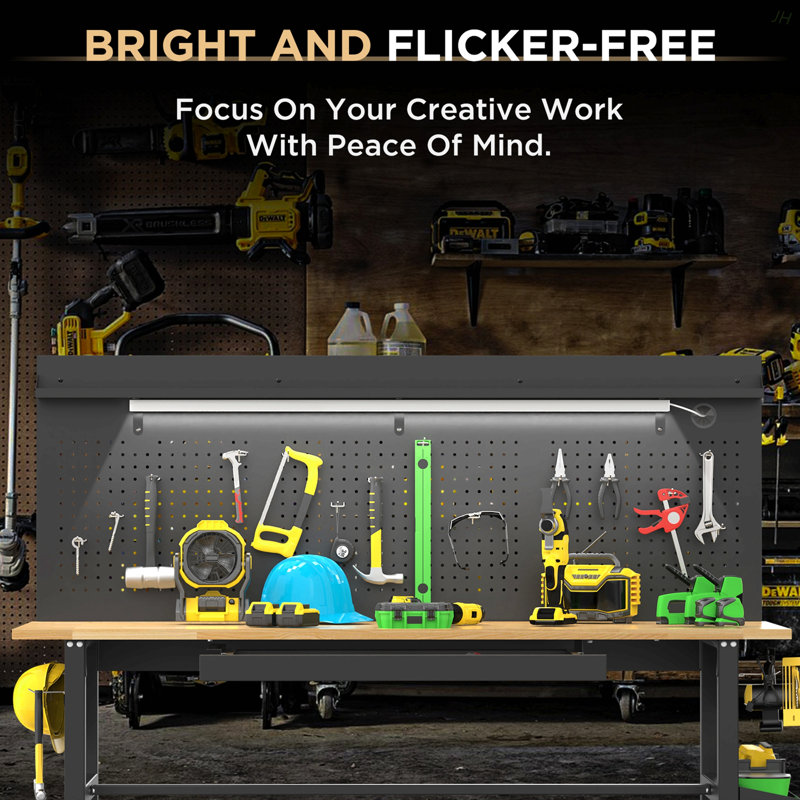 60″ Workbench With Drawers ,Solid Wood Top, 2000 Lbs Capacity, Adjustable Height Garage Work Table With Power Outlet, LED Light, Wheels Or Leveling Feet