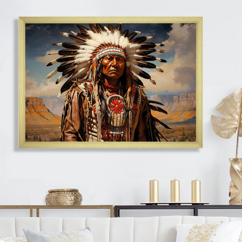 Décoration murale Native Honor Traditional Warrior III - Native American Art, Cadre doré simple, H 24 po x l 32 po x P 1 po