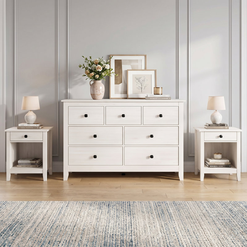 3-Piece 7-Drawer Dresser Set With 2 Nightstands Farmhouse Bedroom Collection, White
