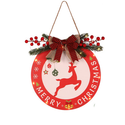 Merry Christmas, couronne avec lumières pour la porte d'entrée, décoration suspendue de bienvenue de 12 pouces avec nœud, panneau de porte rustique pour maison de campagne