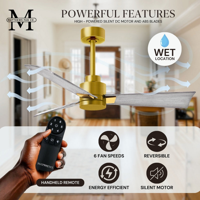 Alessandra Outdoor Downrod Ceiling Fan, Barn Wood Tone, Brushed Brass