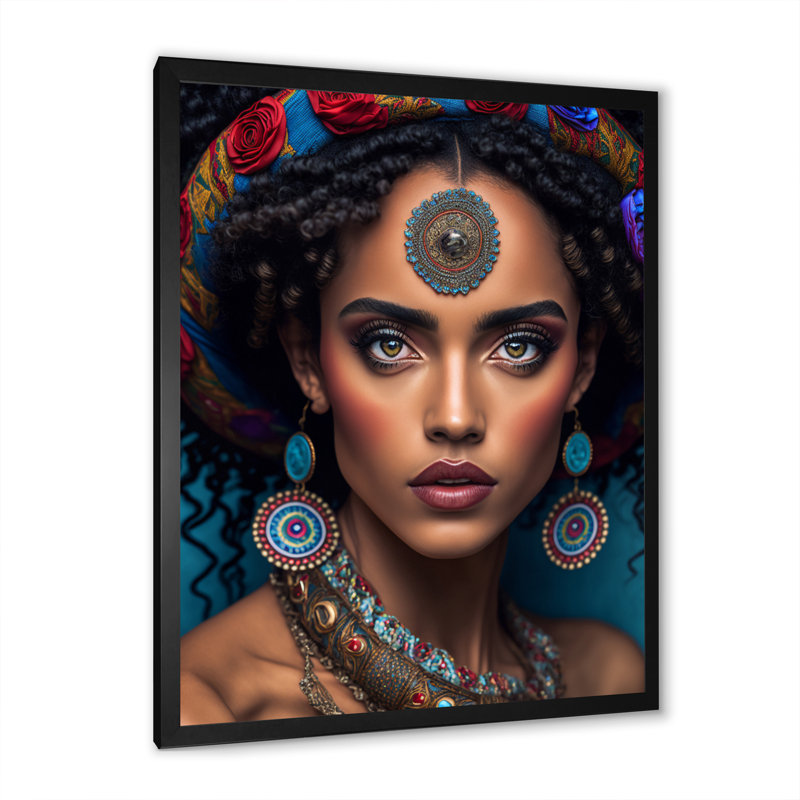 Tirus, femme bohémienne avec boucles d'oreilles bleues sur toile, H 44 po x l 34 po x P 1,5 po, Cadre photo noir