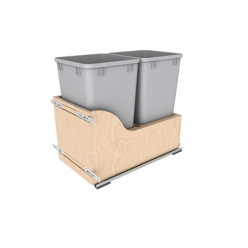Double argent métallique 27 pte Poubelle escamotable en érable avec fermeture en douceur et (1) couvercle pour armoires de base de 15 po