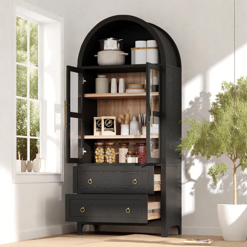 Garde-manger arqué de 71,2 po de hauteur avec portes en verre, tablettes réglables et 2 tiroirs, Noir