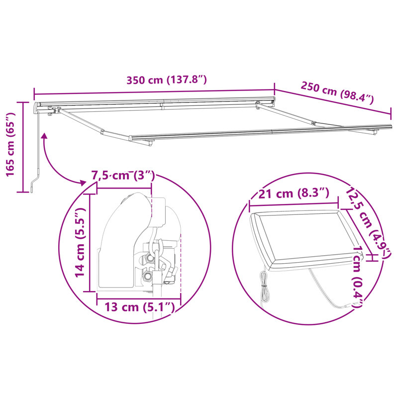 Brayden Studio Retractable Patio Awning, Light Grey, 350 cm W x 250 cm D
