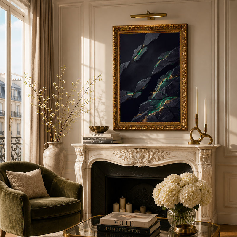 Art sur toile, fissures de pierre foncée avec veines vertes brillantes et poussière d'or, 24"H x 16"W