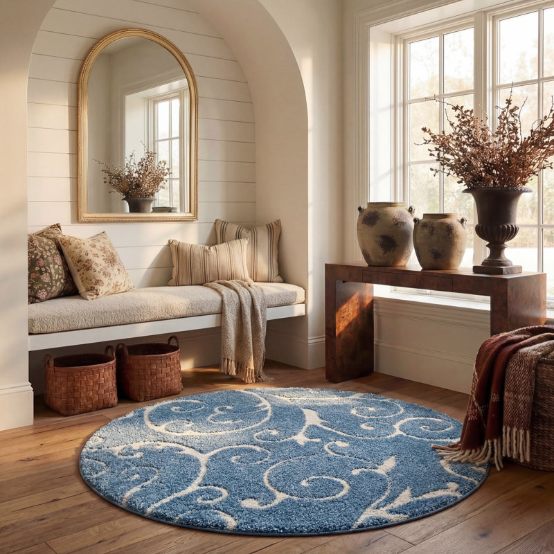 Amza Area Rug, Round 6'7", Light Blue/Cream