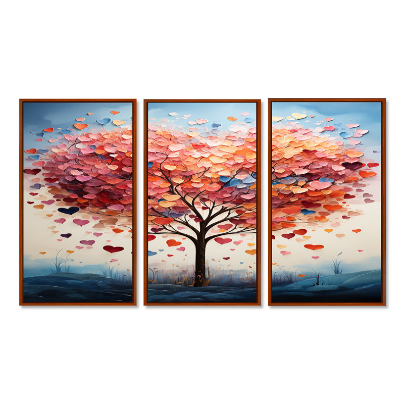 «Blossoming Pink Heart Tree», ensemble de décorations murales, Cadre flottant brun, H 28 po x l 36 po x P 1 po