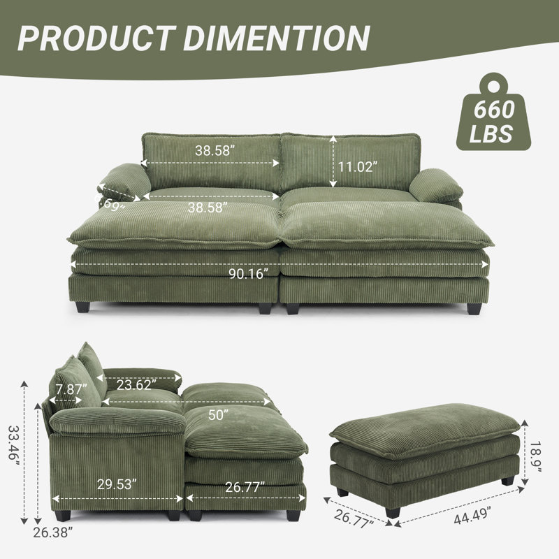 90'' W Corduroy Modular Cloud Couch Sleeper Sofa