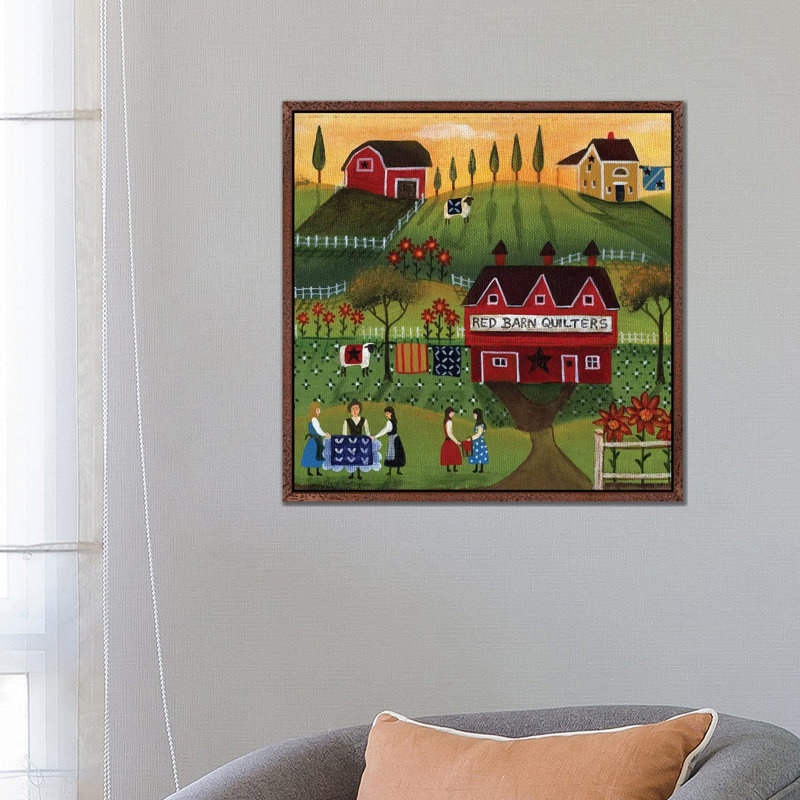 CBT195 Red Barn Quilters 1 Piece Painting on Canvas, 66.04cm H x 66.04cm W x 3.81cm D, Classic Brown Wood Framed