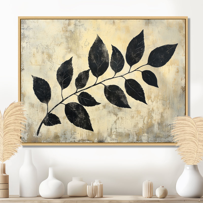 Ihna Black Leaves Shadow Silhouette V - Art mural feuilles, H 34 po x l 44 po, Impression encadrée flottante, Crème, crème