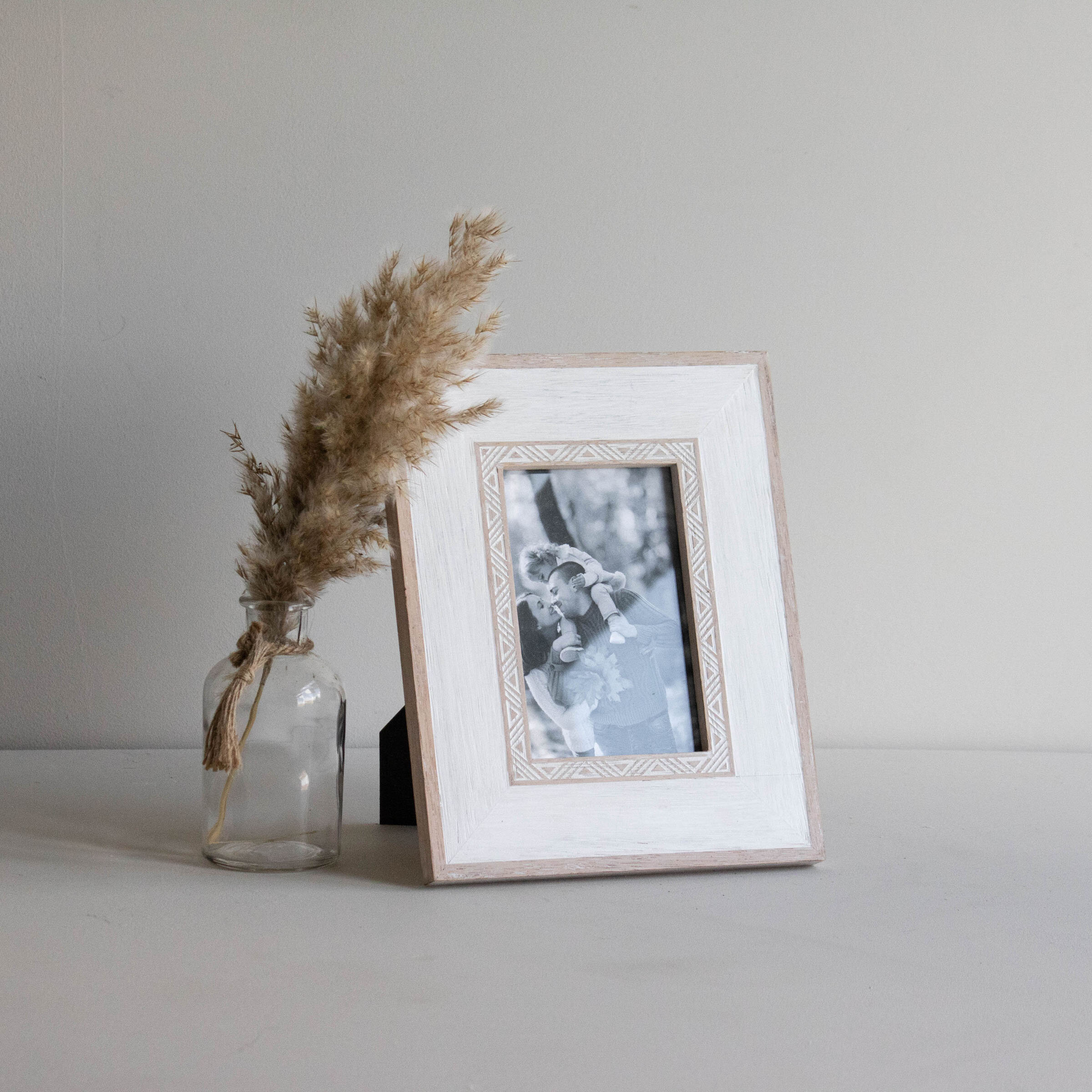 Whitewashed Natural Wood Carved Picture Frame, 4x6