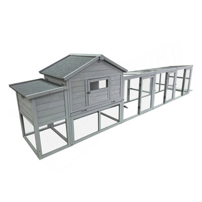 Grand poulailler en bois 141 ＂gris, poulailler d'extérieur avec nichoir, panneau imperméable et anti-UV, clôture grillagée, cage à volaille