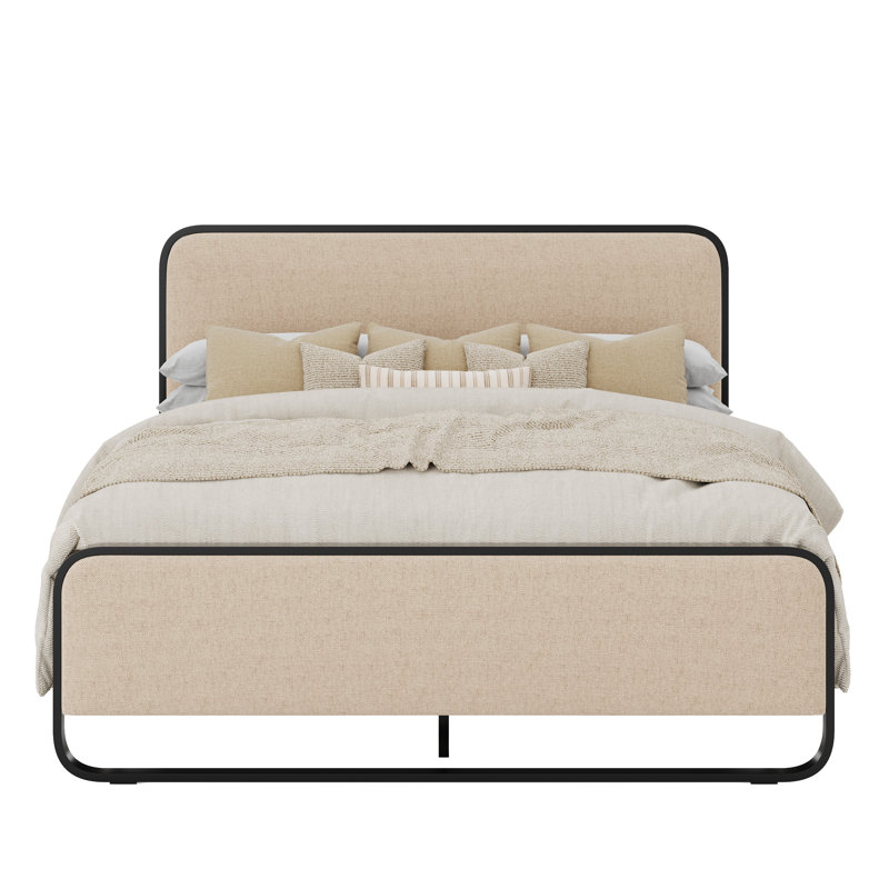 Lit double en lin beige, Double, Noir / Beige